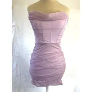 Oh Polly Pink Purple Strapless Ruffled Ruched Mesh Bodycon Mini Dress Size 4